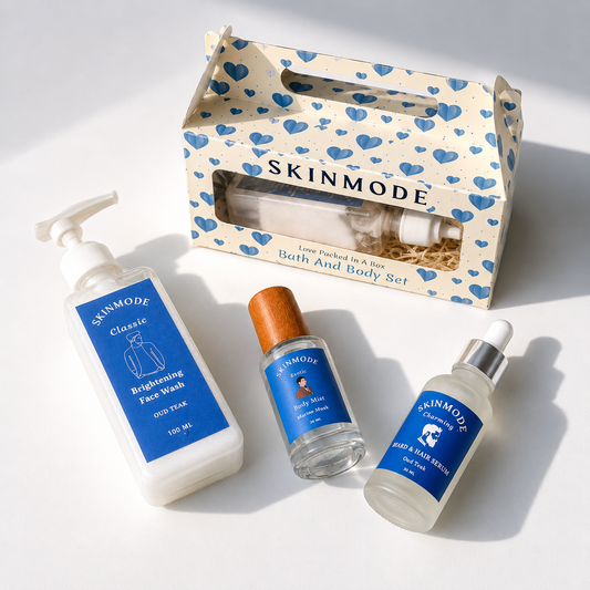 SKINMODE bath and body set with face wash, body mist, and hair and beard serum