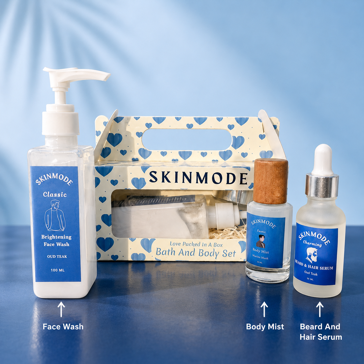 SKINMODE bath and body set with face wash, body mist, and serum